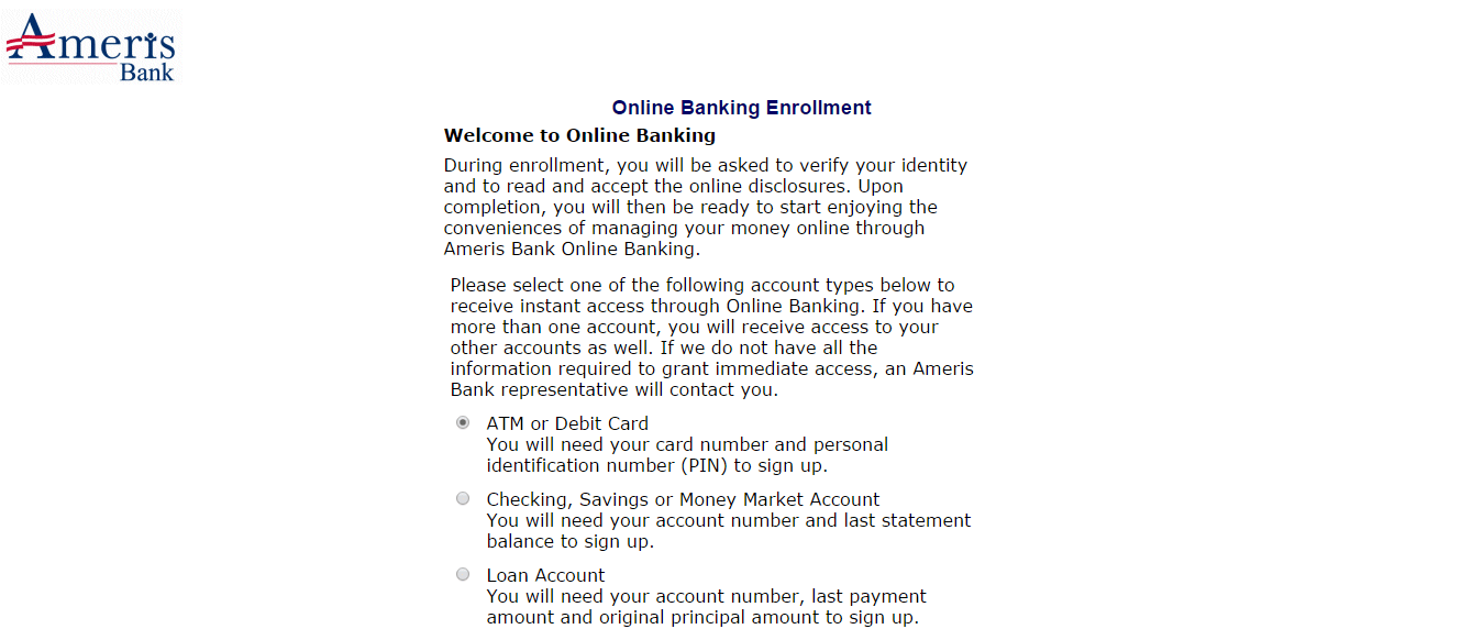 Ameris Bank online banking enrollment page
