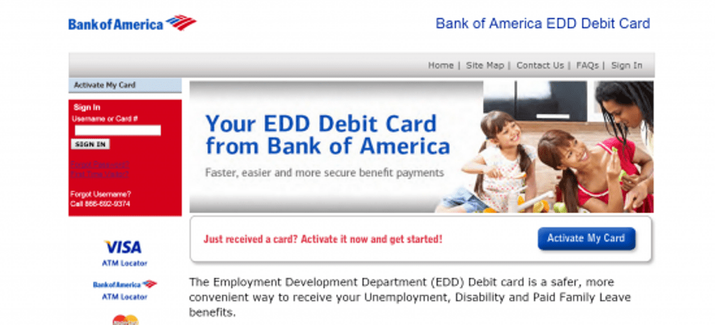 Bank of America EDD Debit Card Home Page