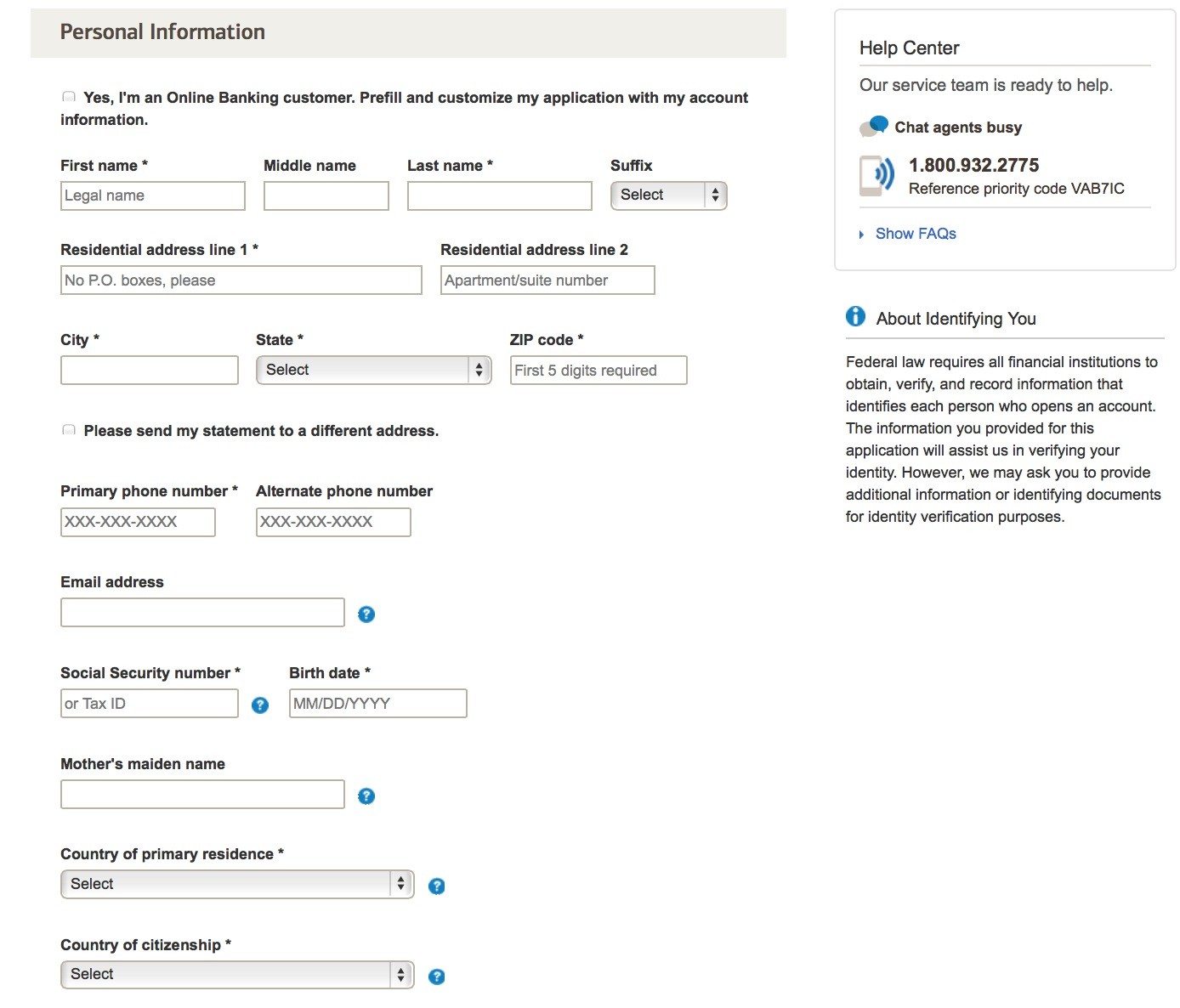 Bank of America credit card application personal information