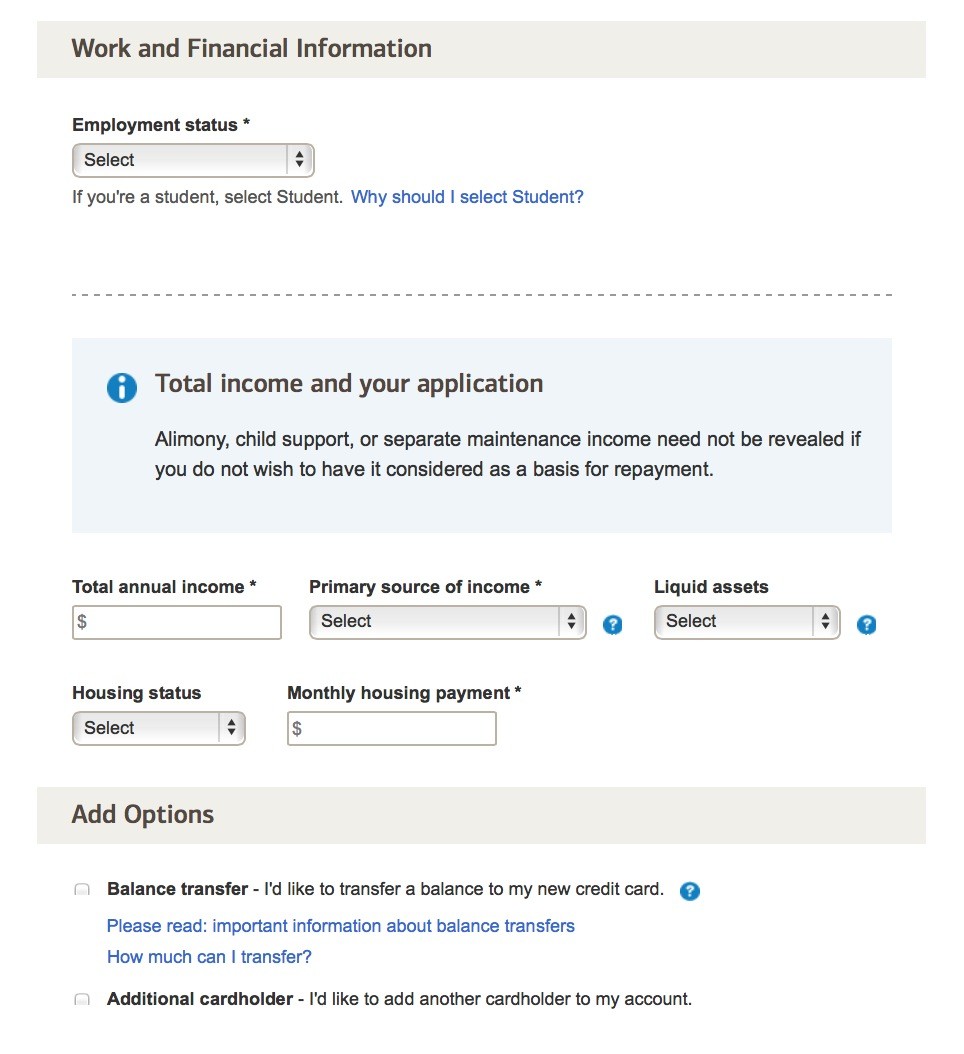 Bank of America credit card application work and financial information