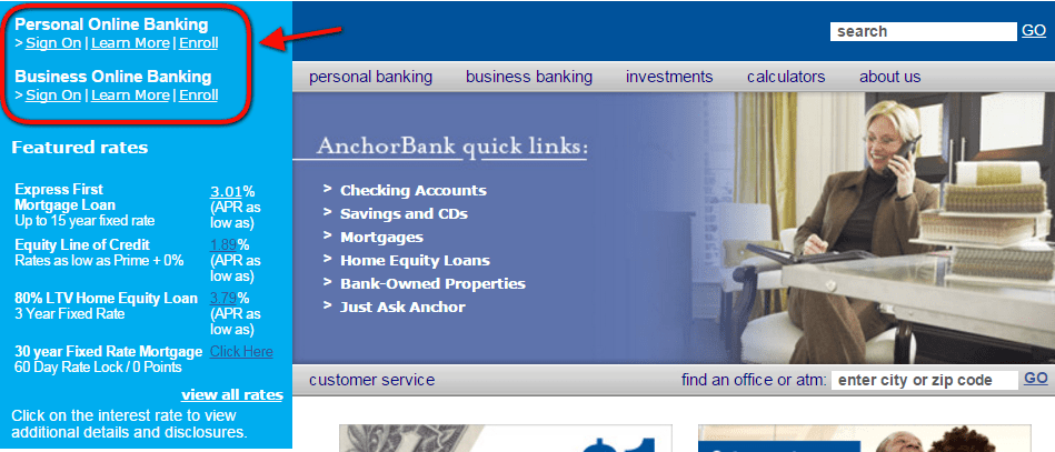 AnchorBank Online Banking Login Step ONE